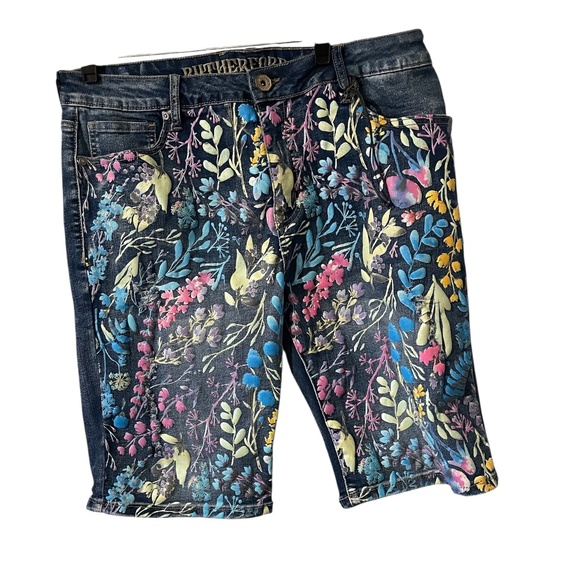 Rutherford Shorts Unisex Mens Size 34 Blue Denim Floral Streetware NWT - Picture 1 of 16